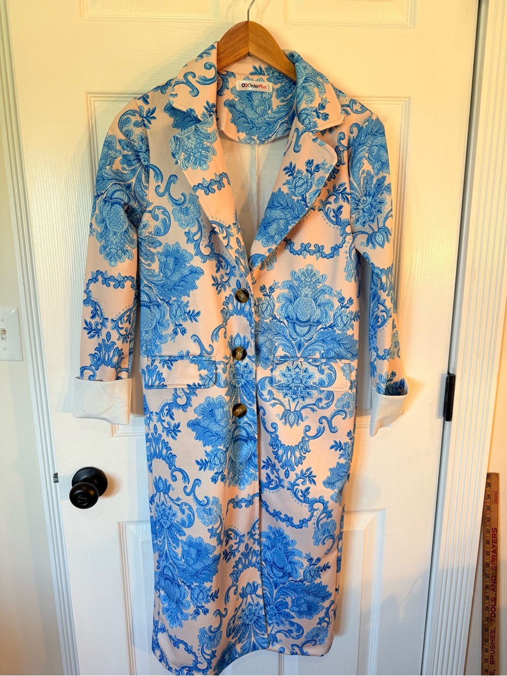 Cynthia Rowley Cream Trench Coat with Blue Floral Print
